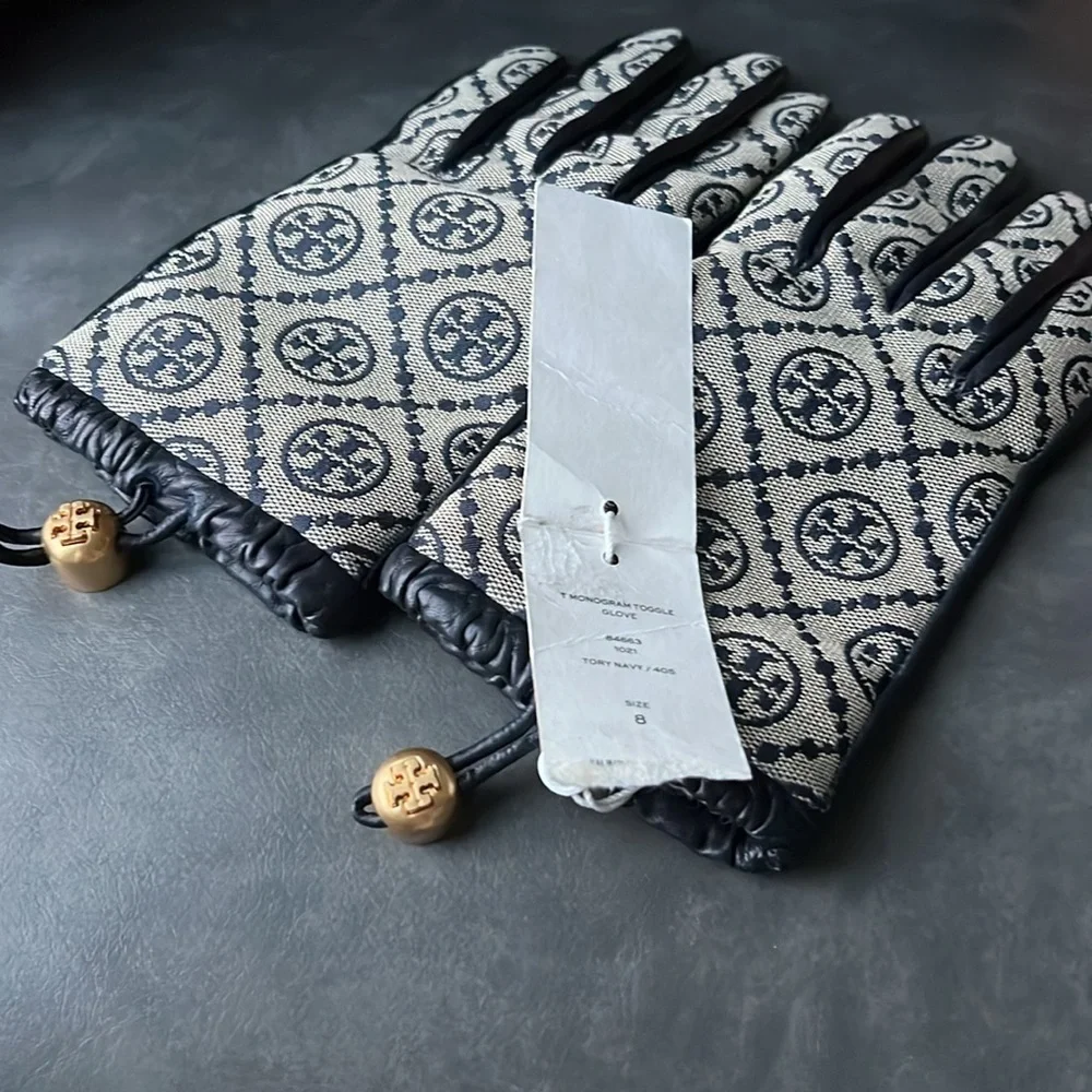 Tory Burch T Monogram Jacquard & Leather Gloves sz 8 in Navy NWT 298$